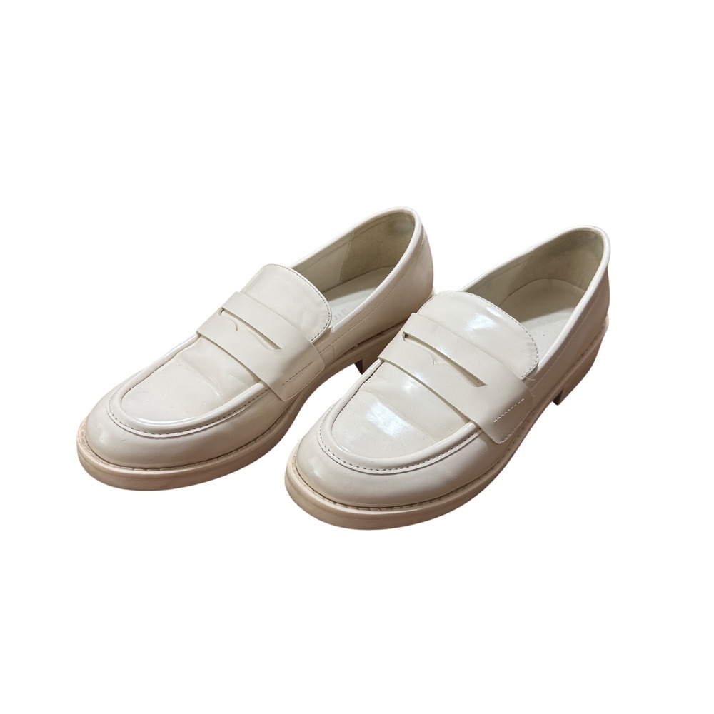 Madden Girl Cecilly Penny Loafers Women 8M Cream Good Patent Slip On Block Heel